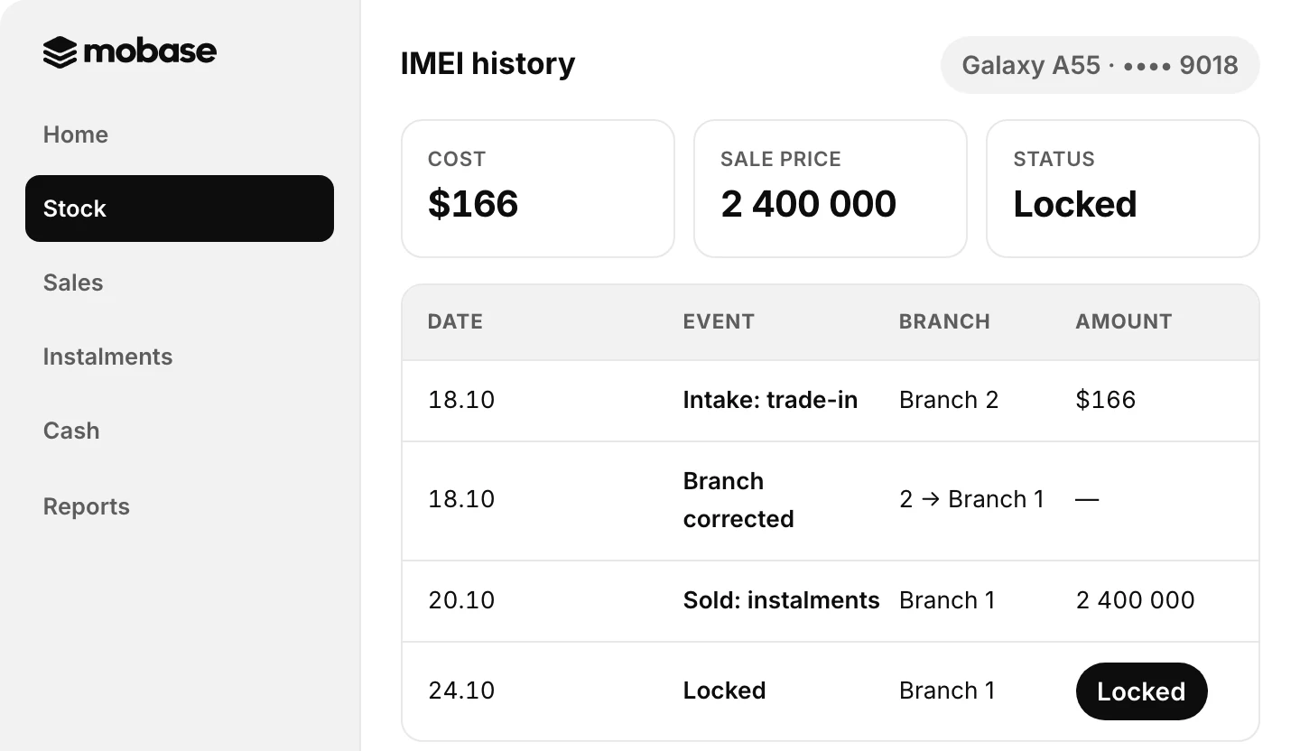 Mobase: phone card — IMEI history, price and lock status