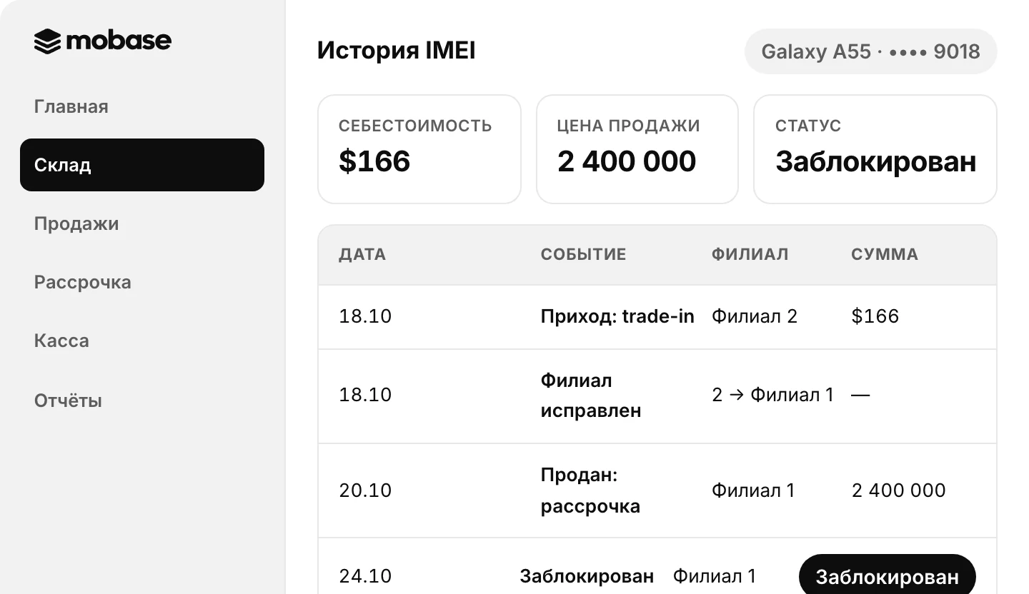 Mobase: карточка телефона — история IMEI, цена и статус блокировки