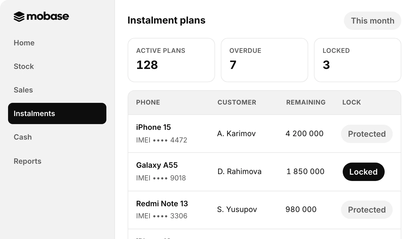Mobase: instalment plans and overdue payments