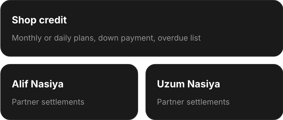 Mobase: shop instalments and Alif Nasiya, Uzum Nasiya settlements