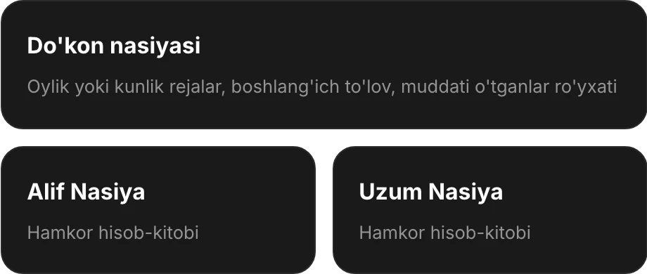 Mobase: do'kon nasiyasi, Alif Nasiya va Uzum Nasiya hisob-kitoblari
