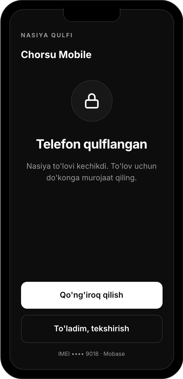 Mobase nasiya qulfi: to'lov kechikkan telefonning qulflangan ekrani